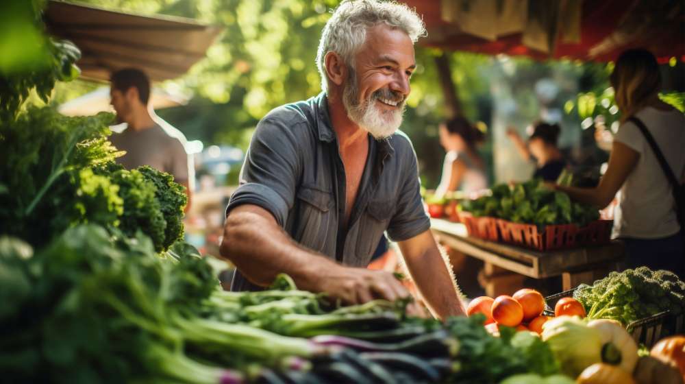 Local farmer with veggies near real estate in Bentonville AR market