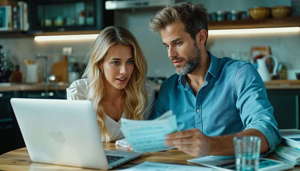 Couple reviewing taxes with laptop and docs - real estate tips