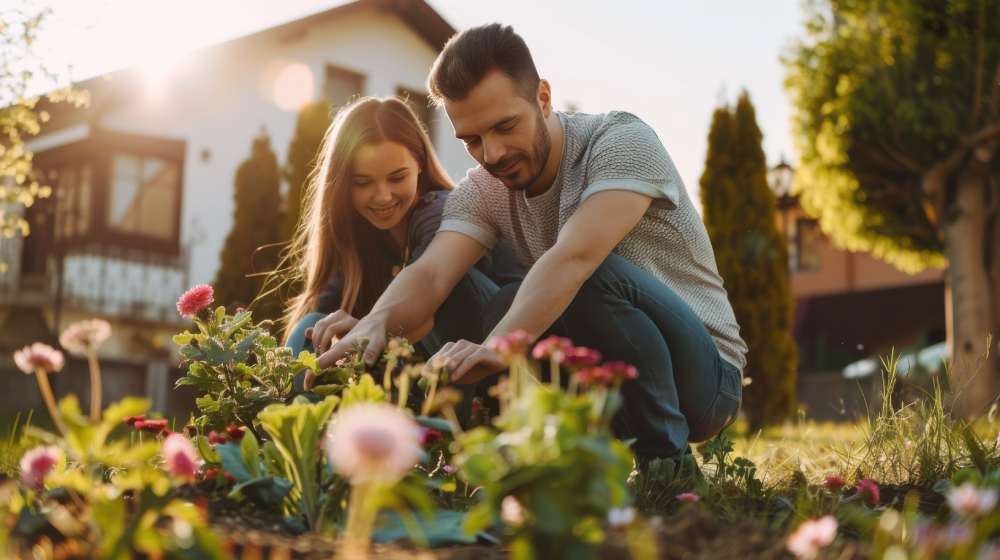 Couple gardening in the backyard